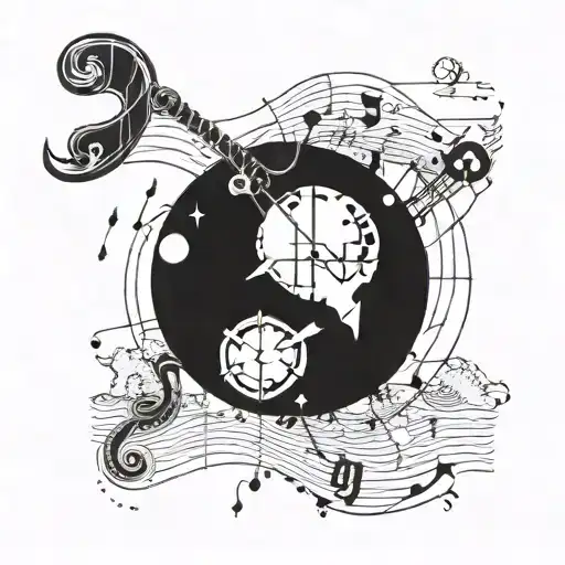 A blackwork tattoo of a vintage map with a fishing hook and music notes scattered throughout, symbolizing the client's interests in history, fishing, and music tattoo design idea