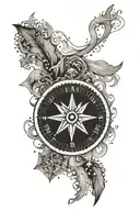 A dotwork tattoo of a compass rose with a river flowing through it, representing the client's passion for exploring rivers and streams tattoo design idea