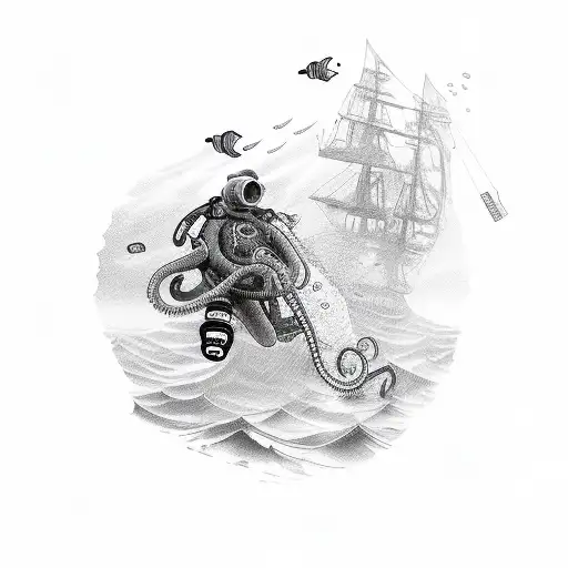 A scuba diver exploring a shipwreck with an octopus swimming around tattoo design idea