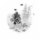 A scuba diver exploring a shipwreck with an octopus swimming around tattoo design idea