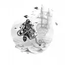 A scuba diver exploring a shipwreck with an octopus swimming around tattoo design idea