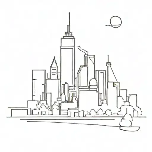 A blackwork tattoo of a city skyline at night, with subtle nods to music, billiards, and football hidden within the details tattoo design idea