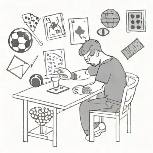 A unique tattoo design of a student studying at a table surrounded by billiard balls, playing cards, and footballs, all in a black-grey style tattoo design idea