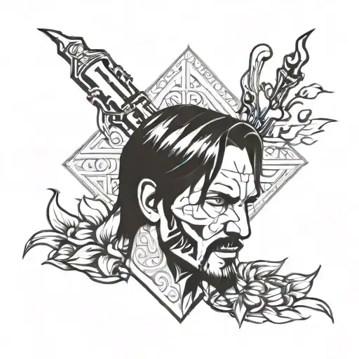 A tattoo design combining elements of John Wick, the Joker, and Peaky Blinders in a sleek and mysterious blackwork style tattoo design idea