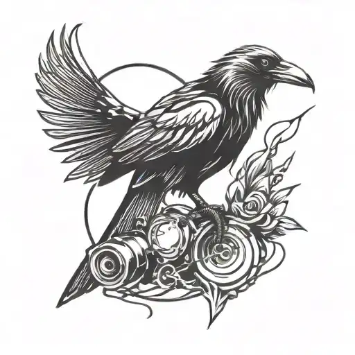 A tattoo design of a crow perched on a bullet, representing the themes of Peaky Blinders, the Joker, and John Wick, in a black-grey style tattoo design idea