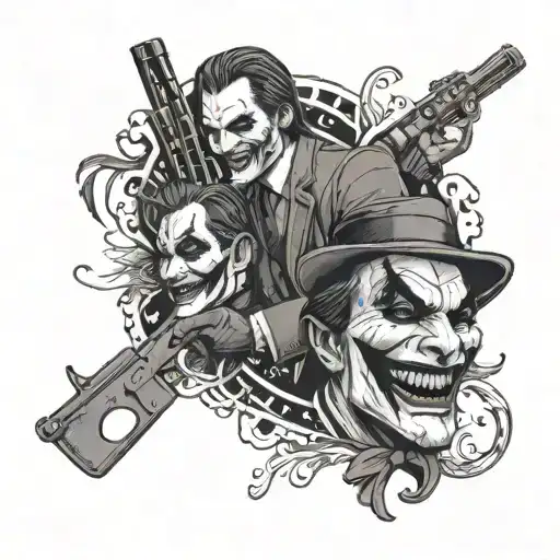A tattoo design combining elements of the Peaky Blinders gang, the Joker's iconic smile, and John Wick's signature weapon, in a black-grey style tattoo design idea