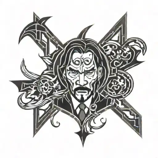 A tattoo design combining elements of John Wick, the Joker, and Peaky Blinders in a sleek and mysterious blackwork style tattoo design idea