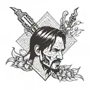 A tattoo design combining elements of John Wick, the Joker, and Peaky Blinders in a sleek and mysterious blackwork style tattoo design idea