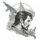 A tattoo design combining elements of John Wick, the Joker, and Peaky Blinders in a sleek and mysterious blackwork style tattoo design idea