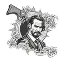 A tattoo design combining elements of John Wick, the Joker, and Peaky Blinders in a sleek and mysterious blackwork style tattoo design idea