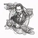 A tattoo design combining elements of John Wick, the Joker, and Peaky Blinders in a sleek and mysterious blackwork style tattoo design idea