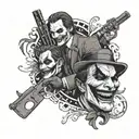 A tattoo design combining elements of the Peaky Blinders gang, the Joker's iconic smile, and John Wick's signature weapon, in a black-grey style tattoo design idea