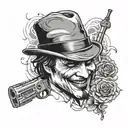 A tattoo design combining elements of the Peaky Blinders gang, the Joker's iconic smile, and John Wick's signature weapon, in a black-grey style tattoo design idea