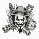 A tattoo design combining elements of the Peaky Blinders gang, the Joker's iconic smile, and John Wick's signature weapon, in a black-grey style tattoo design idea