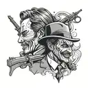A tattoo design combining elements of the Peaky Blinders gang, the Joker's iconic smile, and John Wick's signature weapon, in a black-grey style tattoo design idea