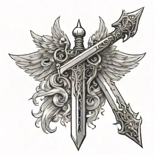 A sword in the middle with a crown on top. left side of the sword is a angel wing and the right side has a devil wing tattoo design idea