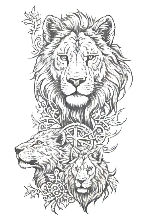 lion and nordic 2 wolves skoll tattoo design idea