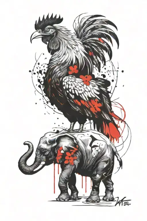 french rooster and thai elephant tattoo design idea