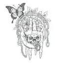 skeleton hand with broken handcuffs with brain hanging for females and butterflies on top above the skeleton fingers  tattoo design idea
