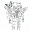 skeleton hand with broken handcuffs with brain hanging for females and butterflies on top above the skeleton fingers  tattoo design idea