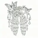 skeleton hand with broken handcuffs with brain hanging for females and butterflies on top above the skeleton fingers  tattoo design idea