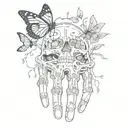 skeleton hand with broken handcuffs with brain hanging for females and butterflies on top above the skeleton fingers  tattoo design idea