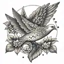 A peaceful dove carrying an olive branch and surrounded by symbols of love and family tattoo design idea