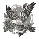 A peaceful dove carrying an olive branch and surrounded by symbols of love and family tattoo design idea