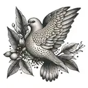 A peaceful dove carrying an olive branch and surrounded by symbols of love and family tattoo design idea