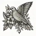 A peaceful dove carrying an olive branch and surrounded by symbols of love and family tattoo design idea