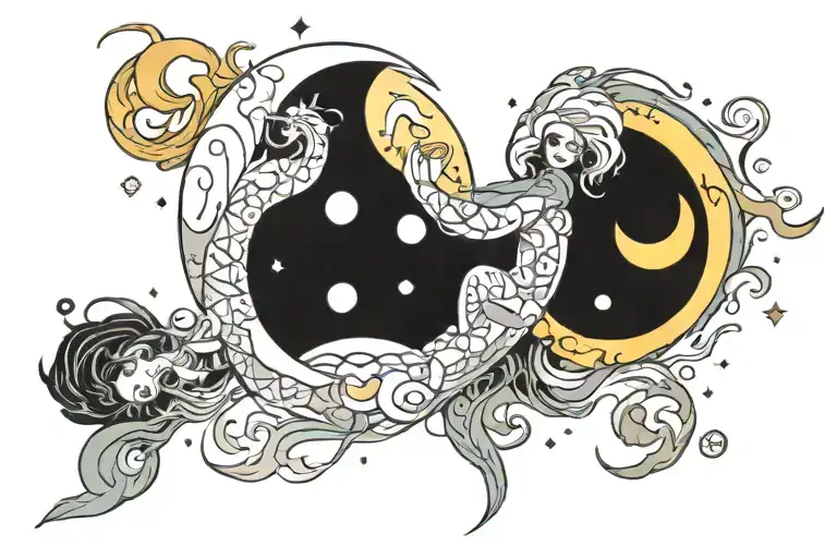 cancer 69, yin and yang, girl, moon, constellation, tattoo design idea