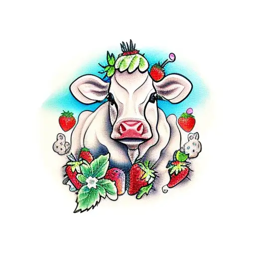 Strawberry milk cow with strawberries and strawberry milk carton tattoo design idea