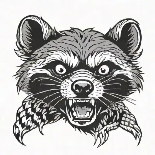 angry raccoon bearing teeth just the head in black and white   tattoo design idea