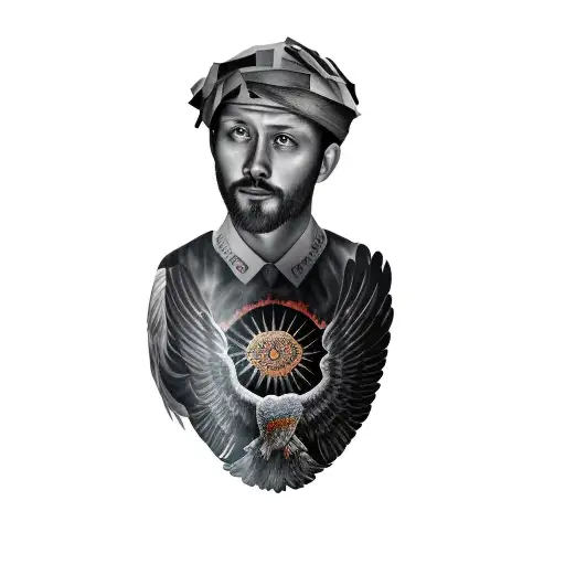 a portrait of a man with a sun and eagle on his chest tattoo design idea