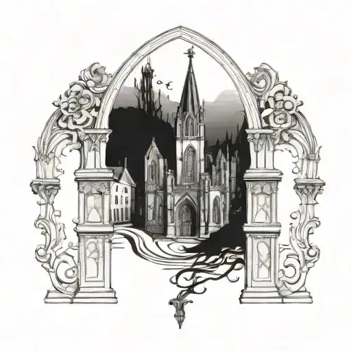 gothic chapel with knights approaching tattoo design idea
