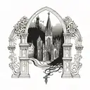 gothic chapel with knights approaching tattoo design idea