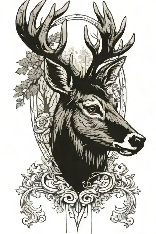 Neo-traditional tattoo design, vertical orientation, featuring a young deer standing at the edge of a forest in full hei tattoo design idea
