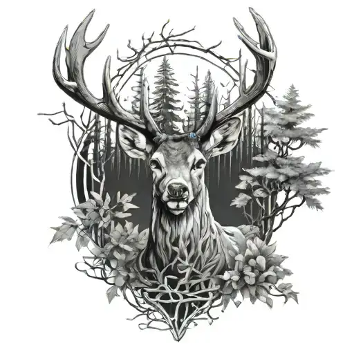 Tattoo sketch, black and white graphics, a deer stands in the forest thicket, its antlers glow, its head is turned to th tattoo design idea