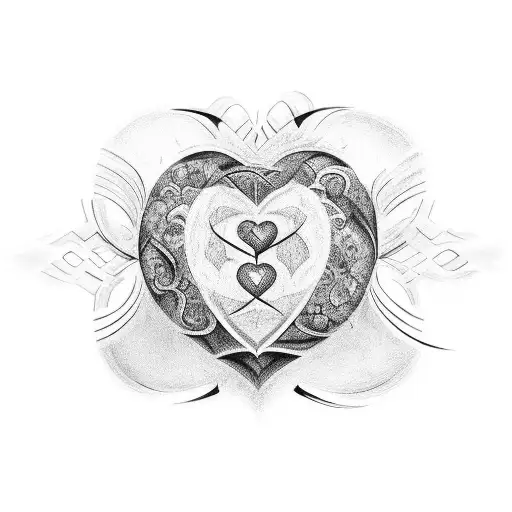 3 calligraphy hearts on top of each other inside the bottom heart reads Benjamin with Peetu in the middle and Samuli in  tattoo design idea