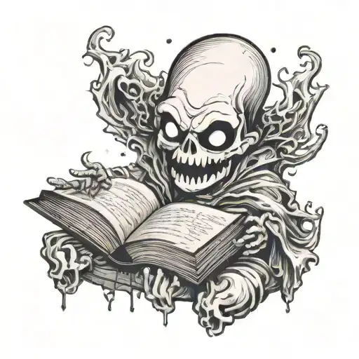 A cute ghostly figure reading a scary book with a sinister smile tattoo design idea