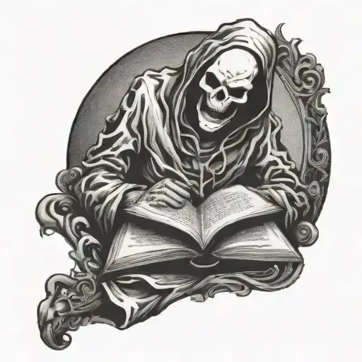 A ghostly figure reading a scary book with a sinister smile tattoo design idea