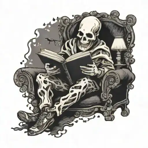 A ghostly figure reading a scary book with a sinister smile tattoo design idea