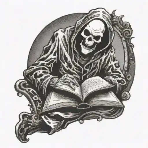 A cute ghostly figure reading a scary book with a sinister smile tattoo design idea
