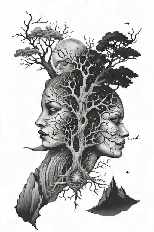 mountain, tree of life constellation virgo and aries, mask that laughs and one that cries tattoo design idea