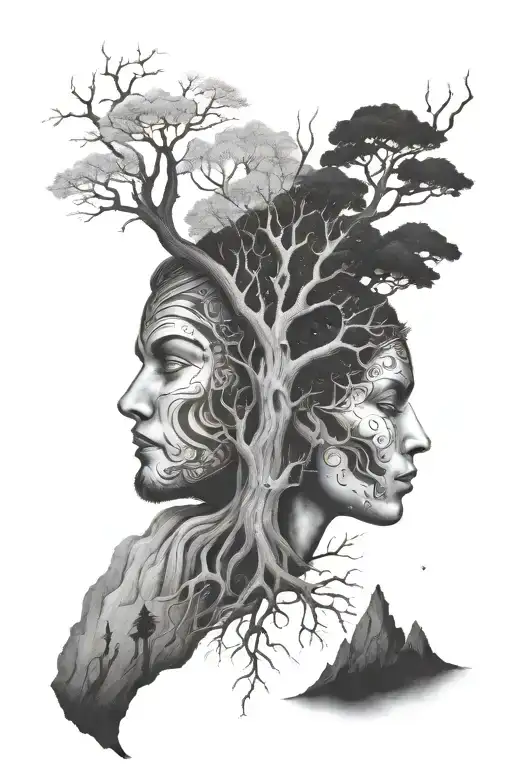 mountain, tree of life constellation virgo and aries, mask that laughs and one that cries men tattoo design idea