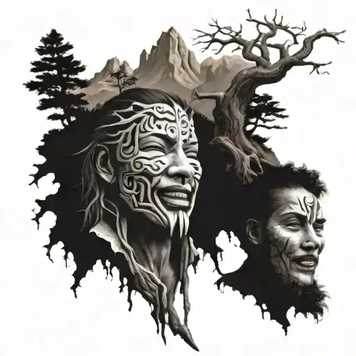 mountain tree of life laughing mask and crying mask with a mountain in the background tattoo design idea