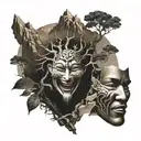 mountain tree of life laughing mask and crying mask with a mountain in the background tattoo design idea