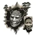 mountain tree of life laughing mask and crying mask with a mountain in the background tattoo design idea