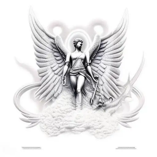 nike statue with Angel and demon wings tattoo design idea