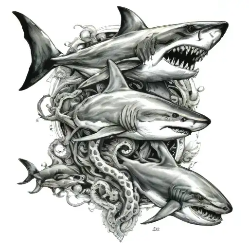 octopus and shark and diver tattoo design idea